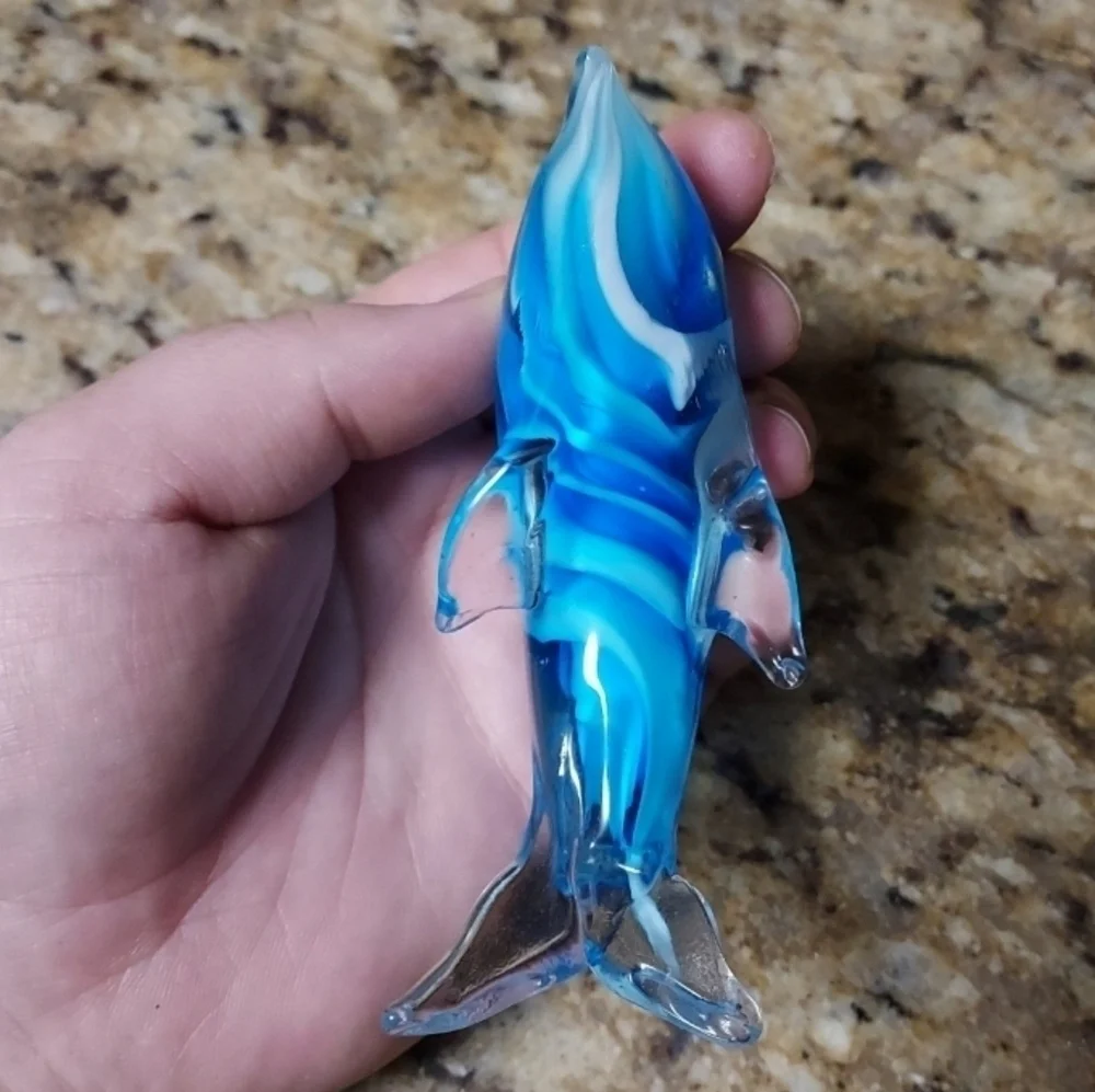 HAND Blown blue and white Art Glass Dolphin 6” Paperweight